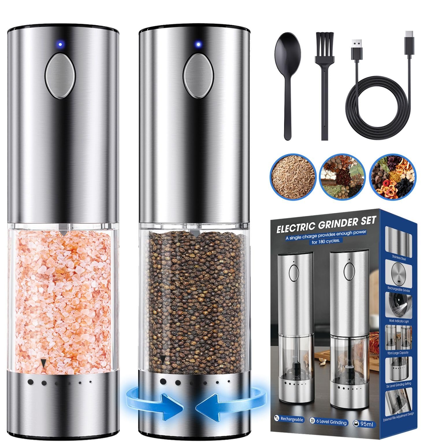 HomeHacks Upgraded Larger Capacity Electric Salt and Pepper Grinder Set, Rechargeable Type-C with LED Light, Stainless Steel Automatic & 6 Adjustable Coarseness, Ideal as Mothers Day Gifts - Product Image