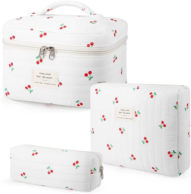 Givurao 3Pcs Cotton Quilted Makeup Bag for Women Girls, Large Floral Cosmetic Bag Set Cute Makeup Brushes Aesthetic Accessories Storage Bag Cherry Travel Toiletry Bag Organizer - Product Image
