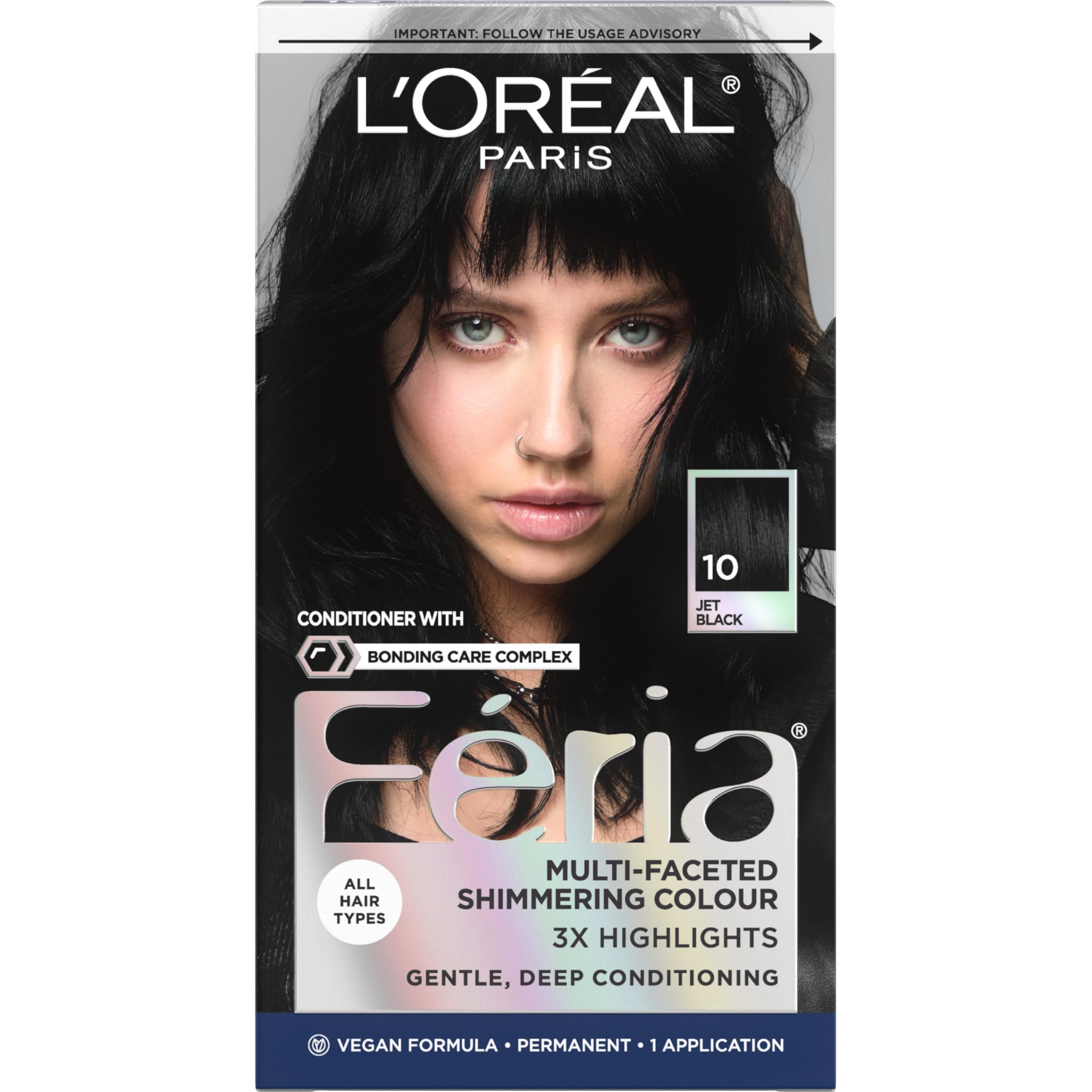 L’Oreal Paris Feria Multi-Faceted Shimmering Permanent Hair Color, High Intensity Hair Dye for 3X Highlights, 10 Jet Black (Blackest Black), 1 Hair Dye Kit - Product Image