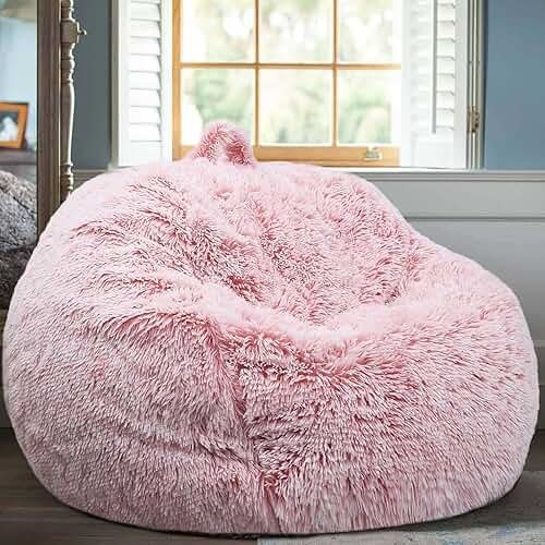 Fluffy Stuffed Animal Storage Bean Bag Chair Cover (No Filler), Faux Fur Comfy Bean Bag Cover for Organizing Plush Toys or Textile, for Adults Teens Kids Girls,Dusty Pink - Product Image