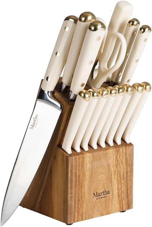 Martha Stewart Knife Block Set 16-Piece - Lockton High Carbon Stainless Steel Forged Full Tang Chef Knives, Acacia Wood Block, Triple Riveted Handles, Linen White & Gold - Product Image