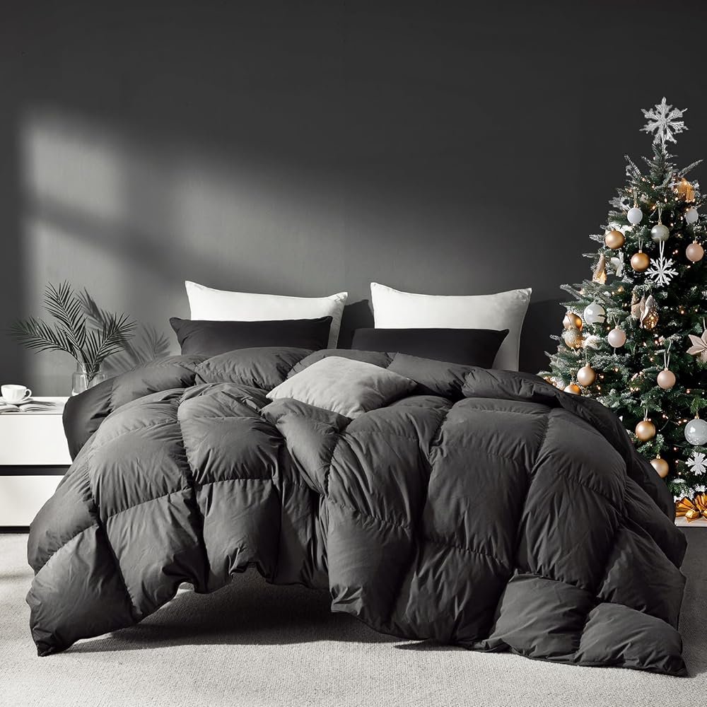 Saisier Grey Goose Feather Down Comforter Queen Size, Premium All Season Duvet Insert, 750+ Fill Power 1200TC Cotton Blend Fabric Hotel Style Comforter, 42 Oz Lightweight (90x90, Dark Grey) - Product Image