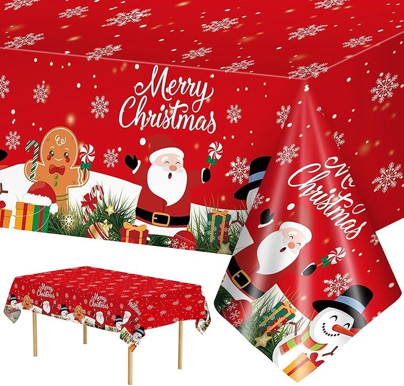 2 Pcs Christmas Tablecloth - Plastic Merry Christmas Table Cloth, Red Disposable Rectangle Cute Santa Claus Snowman Xmas Table Cover for Christma Party Decorations Favors Tables Decor, 108 x 54 Inch - Product Image