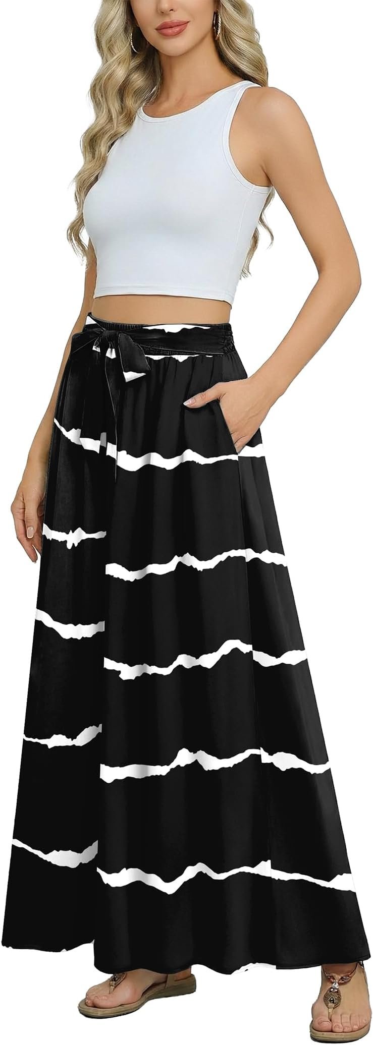 Askyes Womens Maxi Skirt Summer Trendy Tie Knot Elastic High Waisted Boho Casual Beach Flowy Swing Long Skirts with Pockets - Product Image