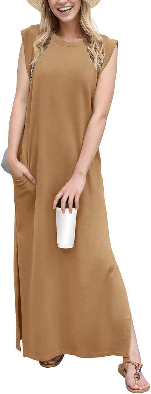 GRECERELLE 2026 Women Year-Round Casual Round Neck Loose Split Wrinkle-Free Long Maxi Vacation Dress with Pockets (XXS-4XL) - Product Image