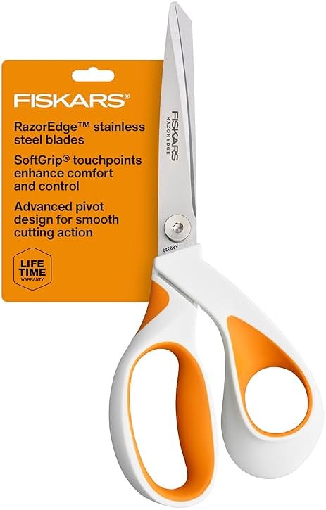 Fiskars RazorEdge Fabric Scissors, Heavy Duty Fabric Shears, Ultra-Sharp Stainless Steel Blades & SoftGrip Ergonomic Handle, 8”, White/Orange - Product Image
