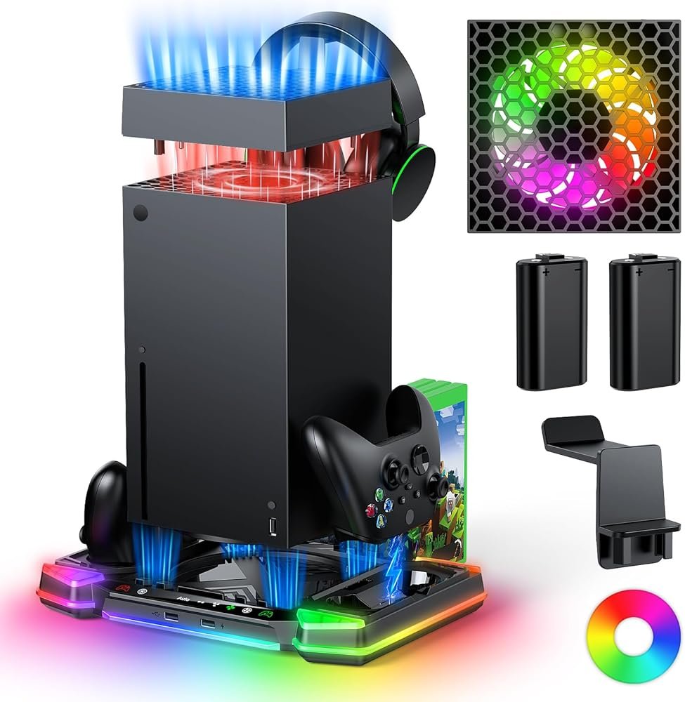 Top Auto Cooling Fan & Charge Stand for Xbox Series X Console with 11 Light Modes, Accessories Controller Wireless Charger Dock, 2*1400mAh Rechargeable Batteries, Headset Stand & Game Disc Storage - Product Image