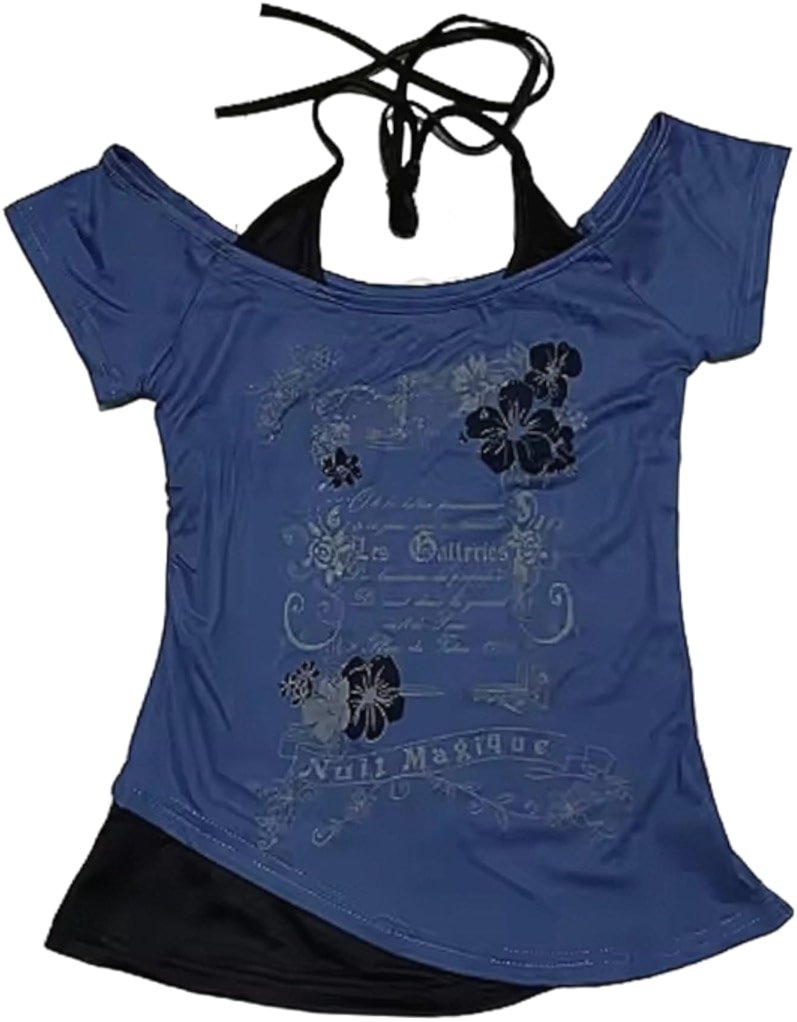 Baby Tee Y2k Women Grunge Top Emo 2000s Vintage Fake Two Piece Short Sleeve T Shirt Crop Tops Teens - Product Image