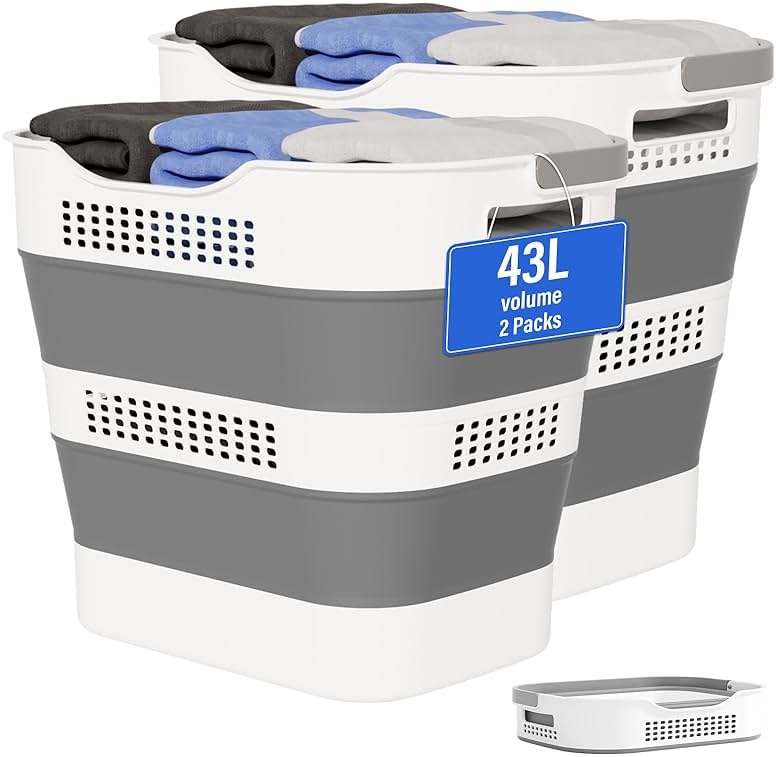 OOAMBB 43L+43L Collapsible Laundry Baskets plastic, Pop Up Laundry hamper/Storage Container, Foldable Laundry Basket with Handles, Durable,Space Saver (Grey, 2 Packs) - Product Image