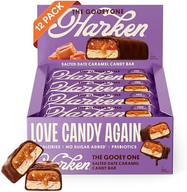 Harken Sweets The Gooey One - Oat Milk Chocolate Candy Bars with Nougat and Date Caramel, Sweetened with Dates and No Sugar Added, High Fiber, Gluten-Free, Nut-Free, Plant-Based, Vegan - 12 Bars - Product Image
