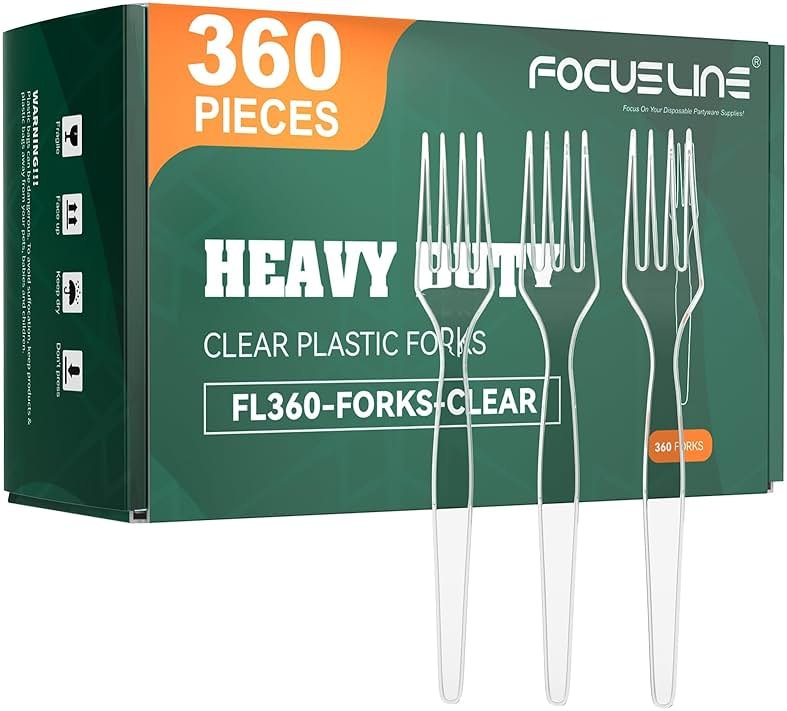 FOCUSLINE 360 Count Clear Plastic Forks Heavy Duty, Solid and Durable Premium Disposable Forks Bulk, Suitable for Catering, Parties, Events and Everyday Use - Product Image