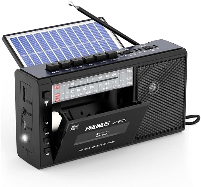 PRUNUS J-360 Cassette Tape Player Boombox with Solar/Rechargeable Battery Operated,AM FM Portable Radio,Bluetooth Tape Player Recorder,AUX/TF/USB Drive, Headphone Jack,Tape Recorder Cassette Player - Product Image