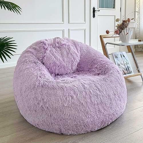 LIFEREVO Fluffy Faux Fur Bean Bag Chair Cover (No Filler), Ultra-soft Light Purple Stuffed Animal Storage Bean Bag Cover, Anti-slip Fuzzy Gaming Bean Bag Cover for for Kids Adults (Ombre Lavender) - Product Image