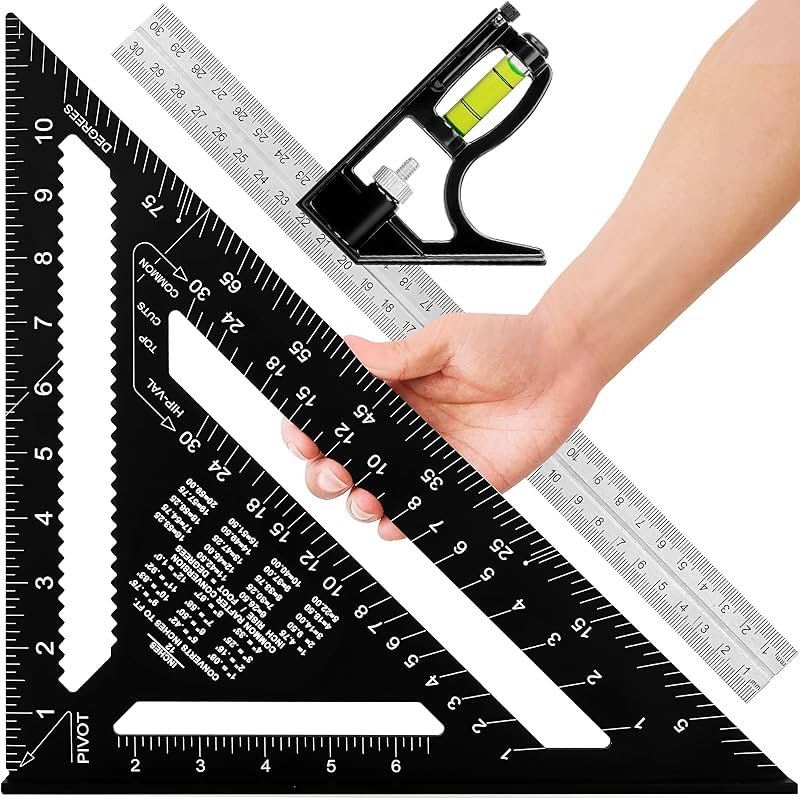 12" Advanced Rafter Square and Combination Square Set, 12 Inch Imperial Carpenter Square Woodworking Framing Square, Triangle Protractor Layout Ruler Tool - Product Image