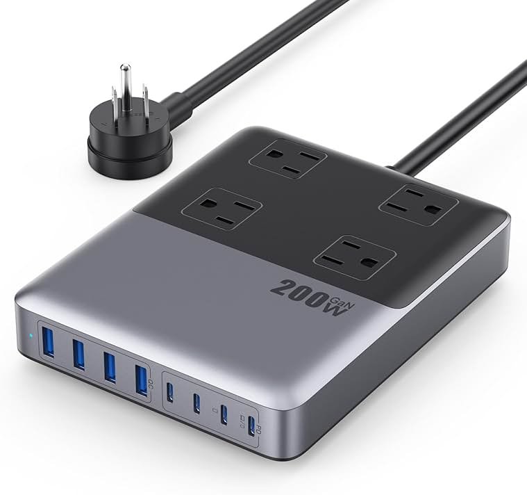 12-in-1 Charging Station USB C Power Strip with 5ft Cord and Plug,200W GaN IV USB C Charger Block,4 AC Outlets,8 USB for MacBook,iPhone 17/16/15,Fast Charging Desktop Charger for Office,Home - Product Image