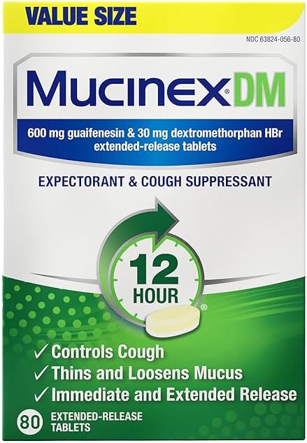 Mucinex DM 12Hr Chest Congestion & Cough Medicine for Adults, Cold and Cough Medicine for Excess Mucus Relief, 600 mg Guaifenesin & 30 mg Dextromethorphan HBr, 80 Bi-Layer Tablets - Product Image