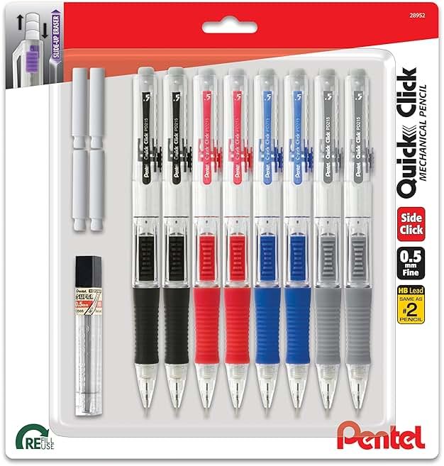 Pentel Quick Click Mechanical Pencil, (0.5mm), Includes Refill Lead and Erasers, Pack of 8 Pencils (PD215LEBP8) - Product Image