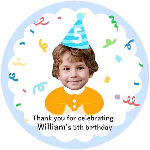 JJJ Design Custom Birthday Thank You Stickers with Face Photo 2 Inch 12 pcs Custom Photo Thank You Labels for Goodie Bag Face Photo Stickers (Blue) - Product Image