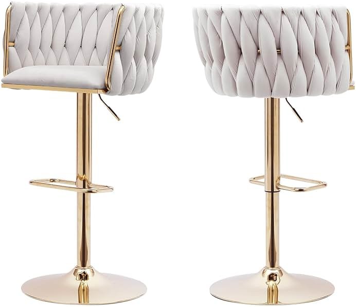 ECHINGLE Bar Stools Set of 2, Adjustable Swivel Counter Height Barstools with Woven Back & Gold Legs, Velvet Bar Chairs for Kitchen Island, Pub, 350lbs(Beige) - Product Image
