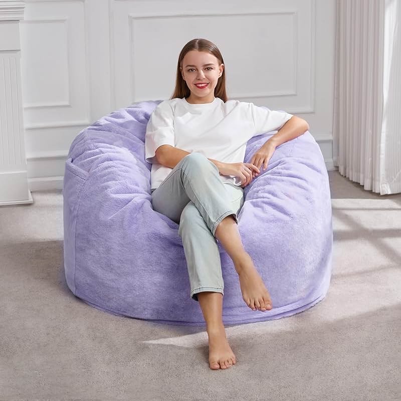 Hobestluk 3FT Bean Bag Chairs for Adults Large Beanbag Chair with Plush Faux Fur Cover Big Bean Bag Chair for Living Room Bedroom Dorm Office -Purple (36” x 36” x 22”) - Product Image