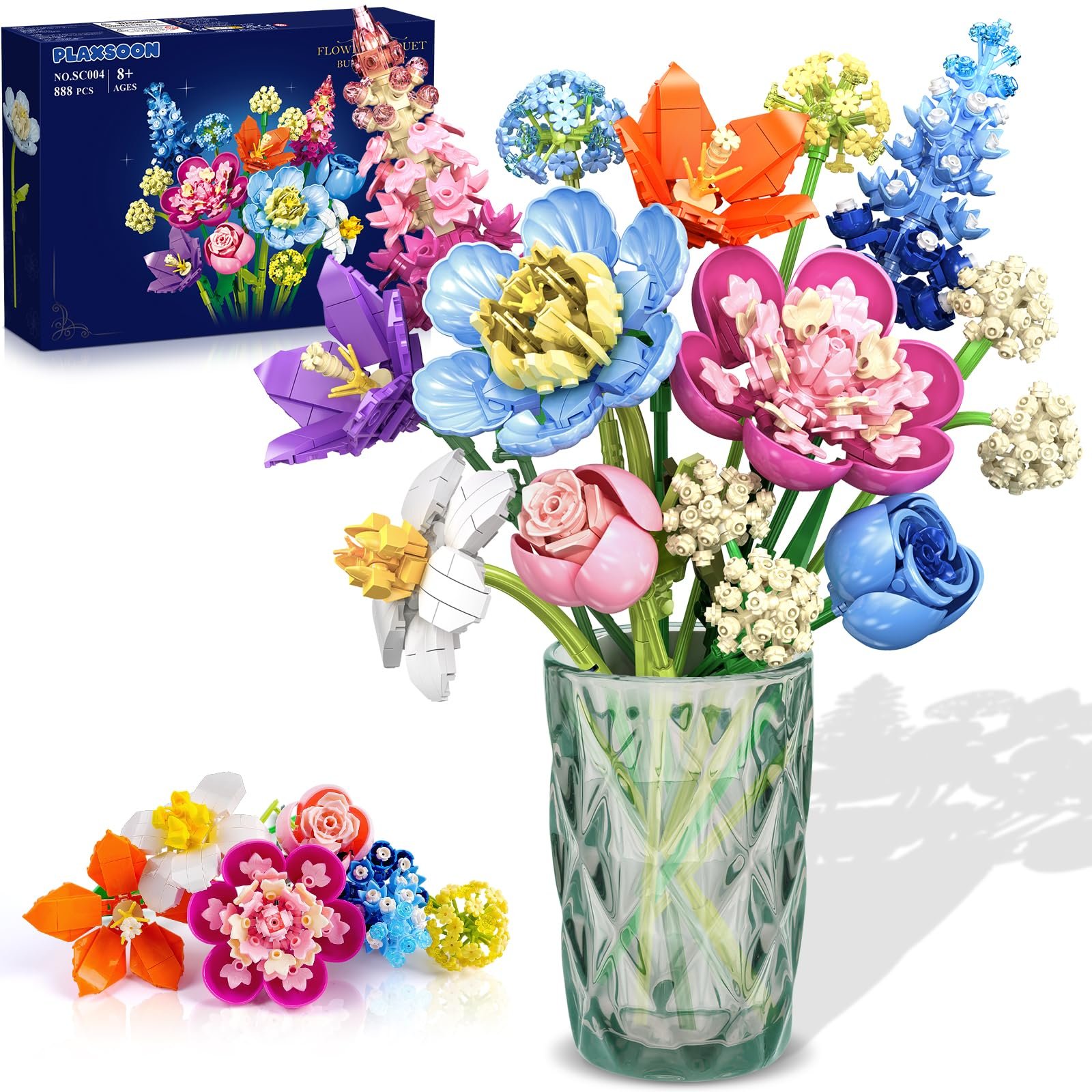 PLAXSOON Flower Bouquet Building Set, 888 PCS Botanical Collection Building Block Toy, Flowers Rose Plant Home Decor, Mothers Day Valentine's Day Birthday Gift for Adults Women Boys Girls 8+ - Product Image