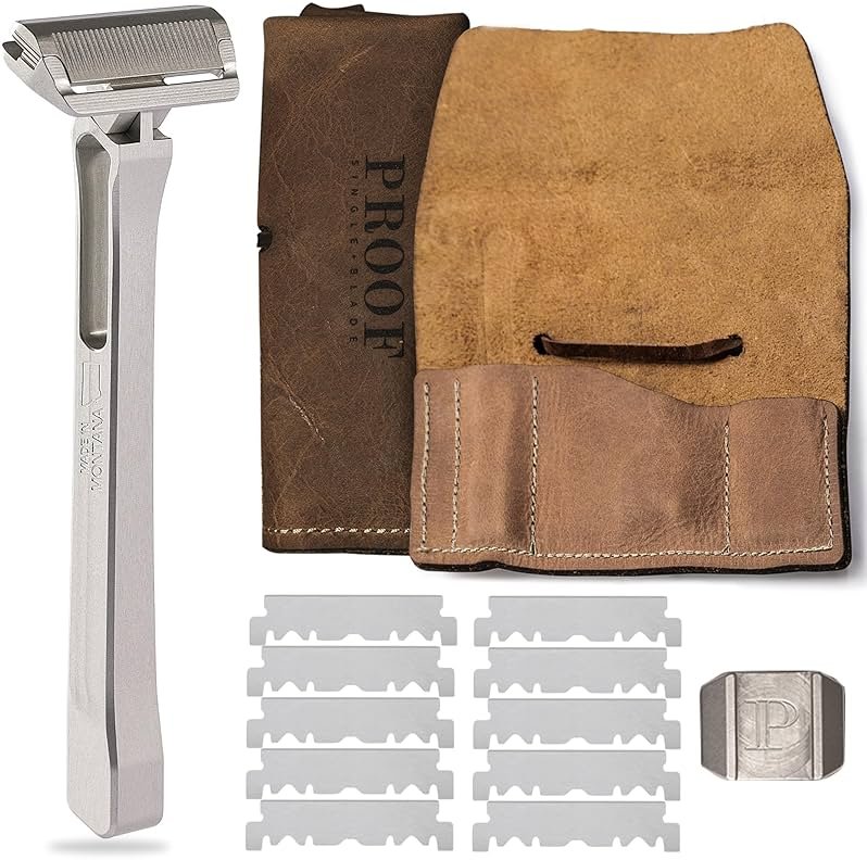 PROOF Select Single Blade Razor for Men with Pivoting Head Made in USA - CNC Machined Aluminum Easy Blade Replacement - Includes Genuine Leather Travel Case, Suction Cup Holder and Safety Razor Blades - Product Image