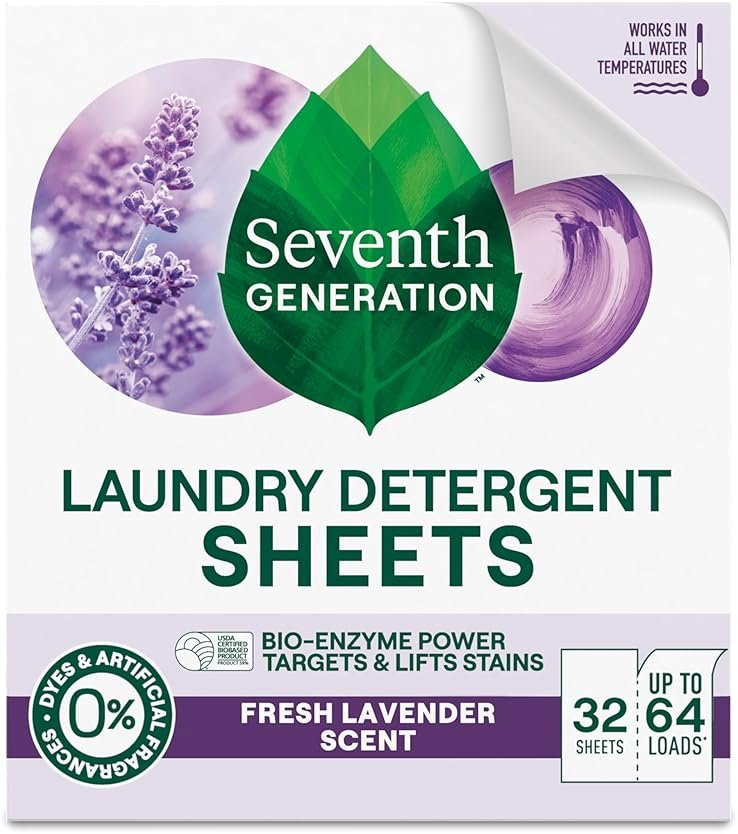 Seventh Generation Laundry Detergent Sheets, Up to 64 Loads, Fresh Lavender Scent, Removes Tough Stains, 0% Dyes and Artificial Fragrances, Safer for your family - Product Image