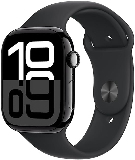 Apple Watch Series 10 [GPS 46mm case] Smartwatch with Jet Black Aluminum Case with Black Sport Band - M/L. Fitness Tracker, ECG App, Always-On Retina Display, Water Resistant - Product Image