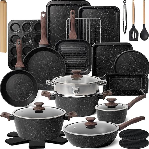 Kikcoin Pots and Pans Set Non Stick 31 Piece Kitchen Nonstick Cooking Cookware Sets with Grill Pan Saucepan Baking Sheet Utensil, Black - Product Image