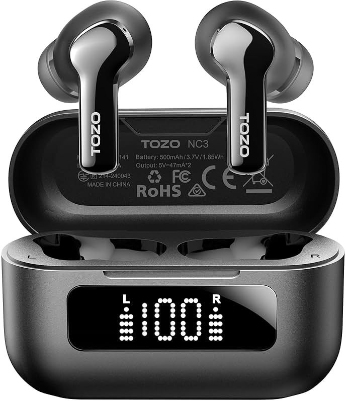 TOZO Hybrid Active Noise Cancelling Wireless Earbuds with 6 Mics AI Clear Call Ear Buds 68H Playtime with LED Display 32 Preset EQs via APP Bluetooth 5.3 IPX8 Waterproof in Ear Headphones - Product Image
