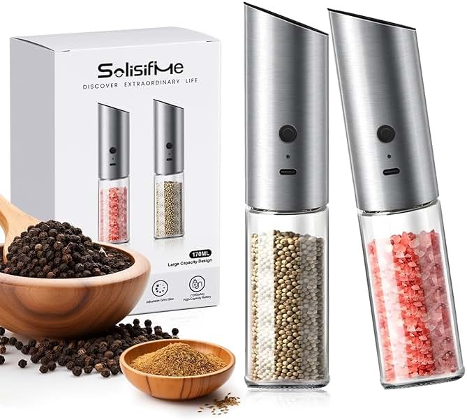 Solisifime Gravity Electric Salt and Pepper Grinder Set, USB Rechargeable Stainless Steel Mills with Large Capacity Tall Glass, LED Light, Adjustable Coarseness, Ideal for Kitchen and Dining(2PCS) - Product Image