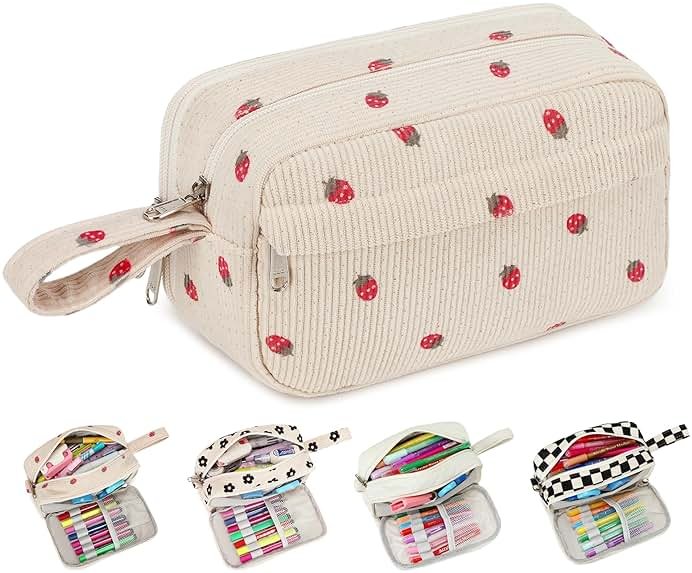 Bluboon Big Capacity Pencil Case Pencil Pouch Pen Case School Supplies Cute Pencil Box Pencil Bag for Teen Girls Boys Women Man (Strawberry Beige) - Product Image