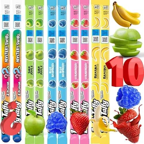 (PACK OF 10) Taffy Rope Lover’s 5 Flavors Variety - 10 Large Pieces of Unique Ropes Candy - Blue Raspberry, Strawberry, Green Apple, Banana, and Mystery Swirl Flavor - Comes With One Bus Resealable ZipBag - Product Image