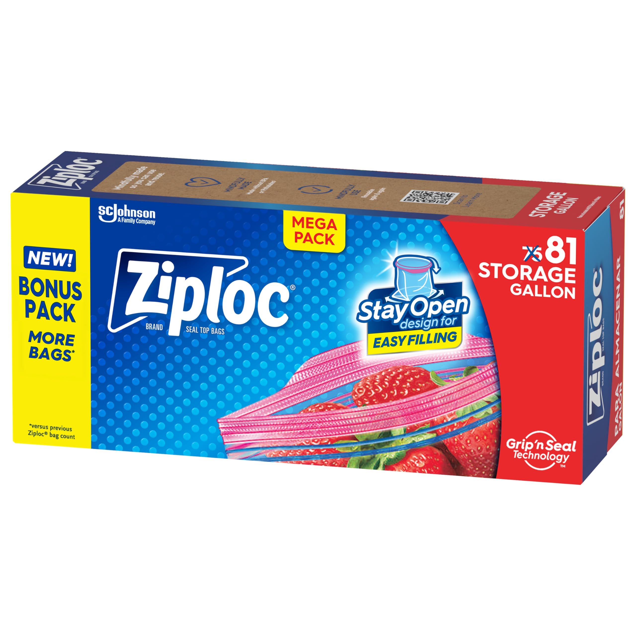 Ziploc Gallon Food Storage Bags, Stay Open Design with Stand-Up Bottom, Easy to Fill, 81 Count - Product Image