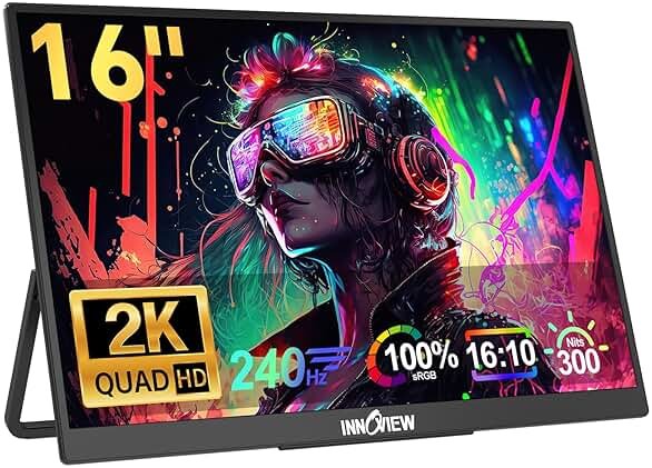 InnoView 16" 240Hz Portable Monitor 2K 2560x1600 100% sRGB Portable Gaming Monitor Laptop Monitors Built-in Speakers 180° Adjustable Type-C HDMI Laptop Screen Extender for Surface Pro PS5 Switch Xbox - Product Image