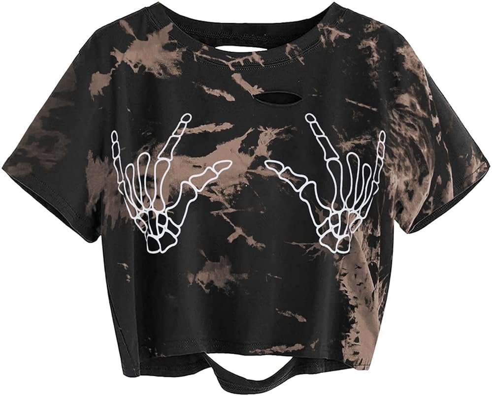 Avanova Women Skull Finger Graphic Distressed Tee Shirt Ripped Short Sleeve Crop Tops - Product Image