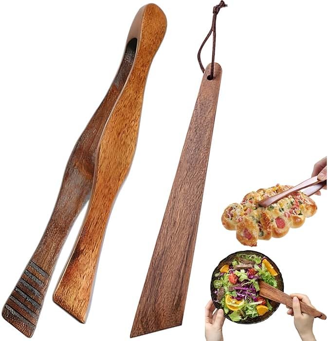 Essential Wooden Spatula Tong Set for Kitchens,Restaurants:Perfect for Fruits, Salads, Desserts, Breads,Barbecues - Product Image