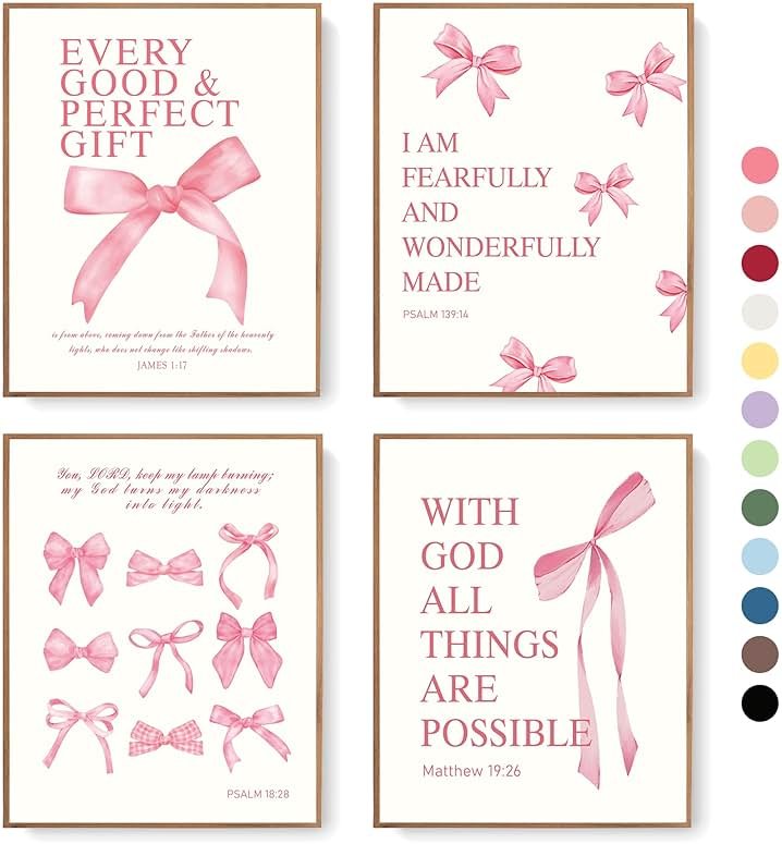 LARTSFRO Coquette Pink Bow Christian Wall Art Decor Posters, Pink Bow Christian Bathroom Room Bedroom Dorm Wall Art Decor Aesthetic for College Teen Girls Gifts,Inspirational Bible Verses Bow Wall Decor, 10x8 Inch Set of 4 Bow Pictures(UNFRAMED) - Product Image
