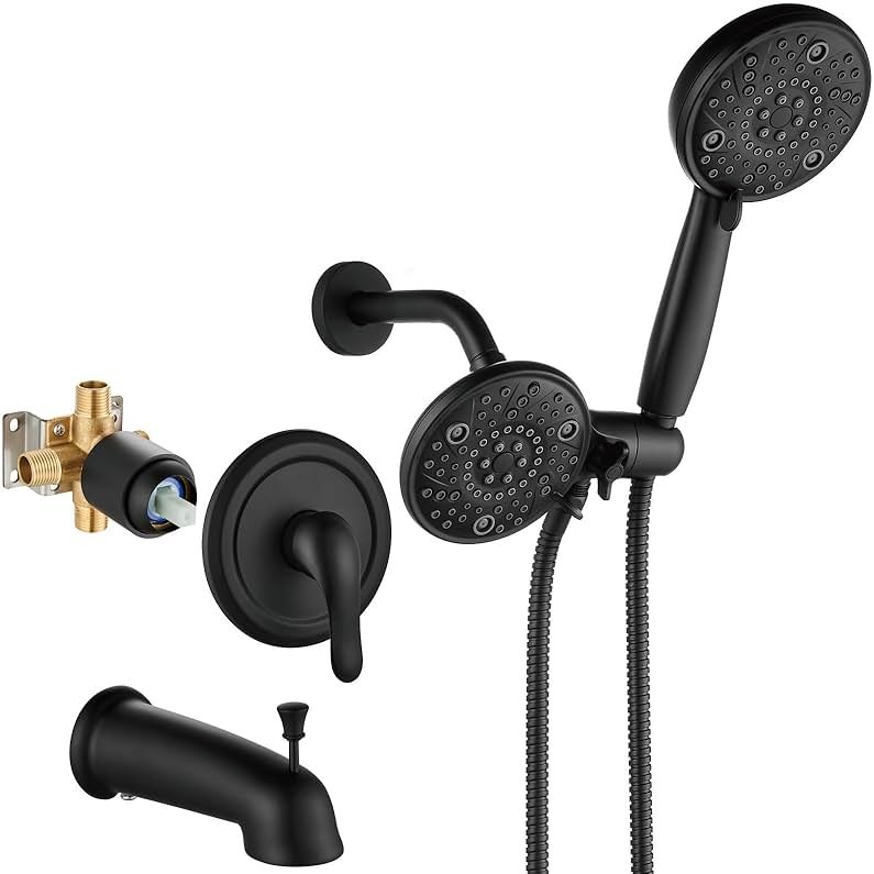 Aolemi Shower Faucet Set with Tub Spout Rain Shower Head System Shower Trim Kit Pressure Rough-in Valve Included ABS 8 Setting Dual Shower Head and Handheld Spray Matte Black - Product Image