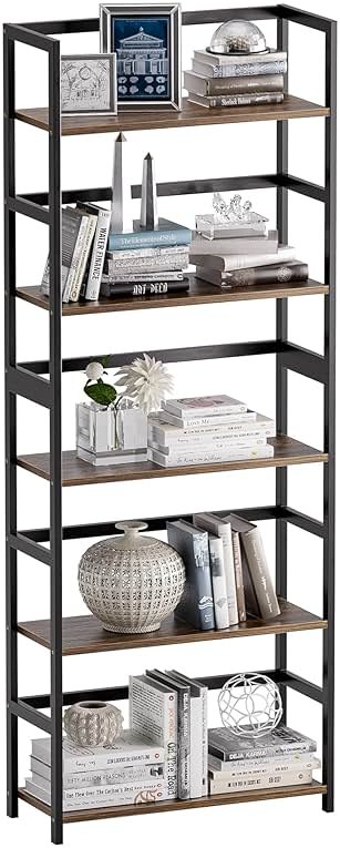 vovala 5-Tier Bookshelf, Industrial Bookcase with Bamboo Frame, Modern Display Standing Shelf Unit, Tall Wood Storage Organizer for Living Room, Home Office, Rustic Brown - Product Image
