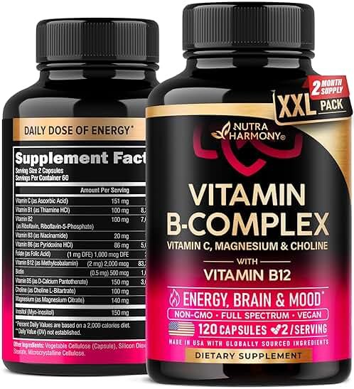 Vitamin B Complex for Men & Women - Riboflavin B2, B12, B1, B3, B5, B6, B7, B8, B9 | Vitamin C, Choline, Inositol | B-Complex Supplement | Energy, Brain & Heart Support | Lab Tested | 120 Vegan Caps - Product Image
