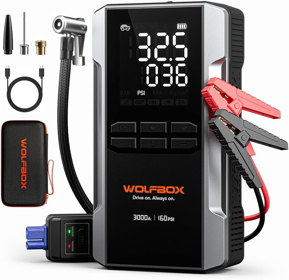 WOLFBOX 3000A Jump Starter with Air Compressor, 59.2Wh&160PSI Portable Car Battery Jump Starter with 65W Fast Charging, 12V Battery Pack (8L Gas 6L Diesel Engine) with Boost, Light and Jumper Cables - Product Image