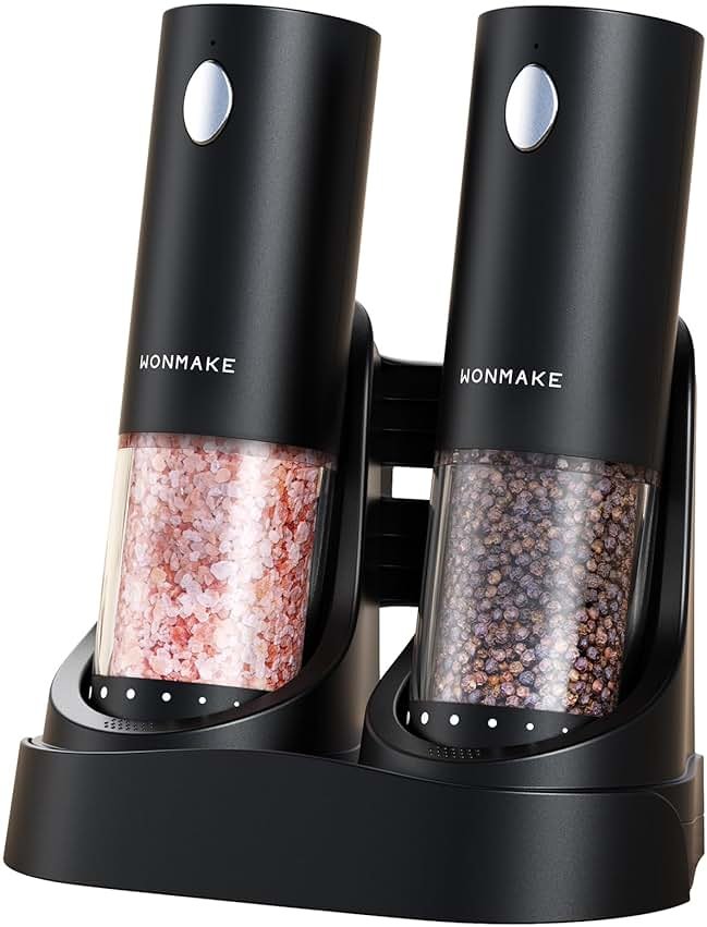Electric Salt and Pepper Grinder Set - Automatic Refillable Salt and Pepper Grinders with Charging Base & LED Light, Adjustable Coarseness, One-handed Easy Operation, Ideal Kitchen Gadget - Product Image