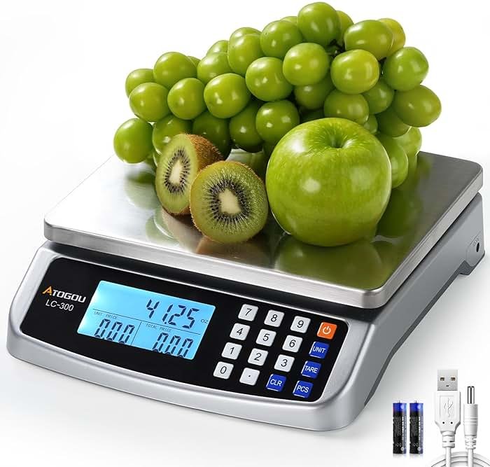 Atogou 66lb Food Scale, Commercial Kitchen Scale with Price Computing, Plug-in Usable, 0.05oz/1g, 304 Stainless Steel, for Cooking, Vegetables, Farm, Industry, Counting. LC300 Silver - Product Image