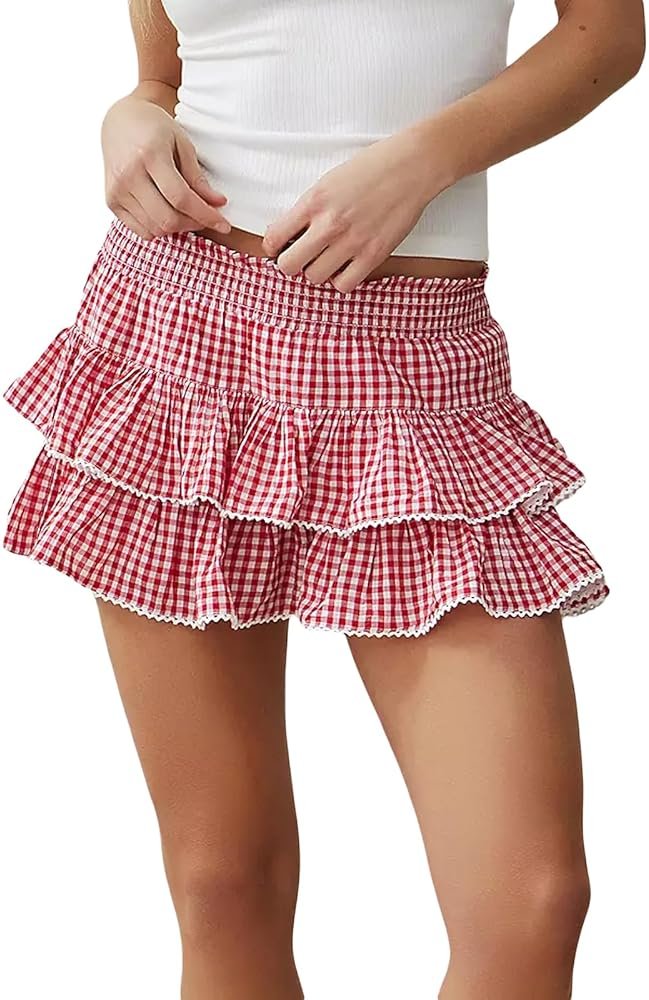 Women Y2K Plaid Tiered Mini Skirt Low Waist Lace Trim Gingham Pleated Short Skirt Cosplay Party Streetwear - Product Image