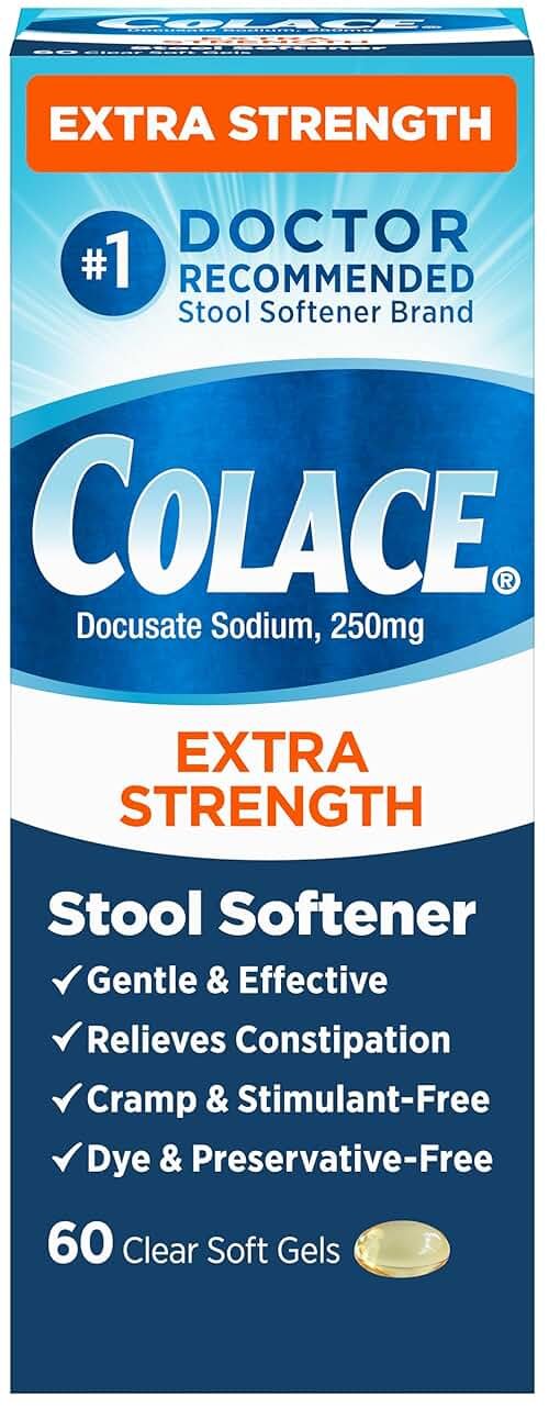 Colace Extra Strength Stool Softener, 60 Count, Gentle Constipation Relief for Adults, 250 mg Docusate Capsules, #1 Doctor Recommended Stool Softener Brand - Product Image