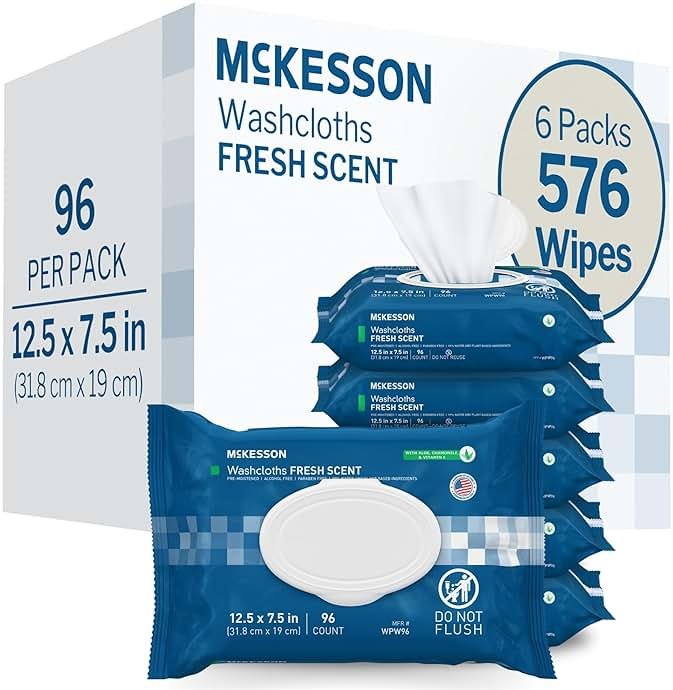 McKesson Washcloth Wipes for Adults, Scented (6 Pack, 576 Washcloths) Disposable Wash Cloths for Body - No-Rinse Formula with Snap Lid - Good for Incontinence and Elderly - 96 Wipes Per Pack - Product Image
