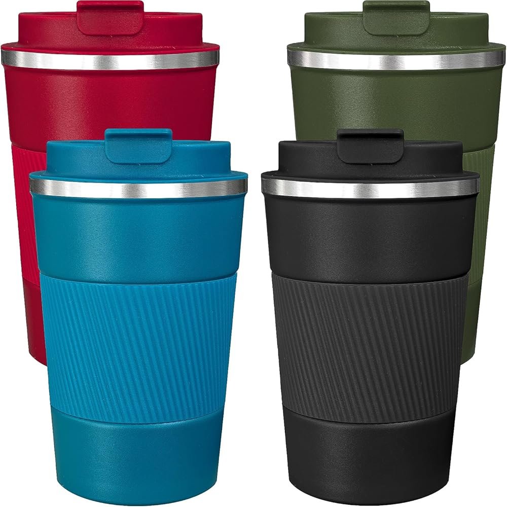 ATZNZIK 4 Pack Insulated Coffee Mug with Lid 12oz Travel Coffee Tumbler Stainless Steel Reusable Coffee Cups Thermal Coffee Mug for Hot and Iced Cold Drinks, Multicolor - Product Image