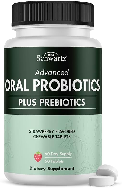 Oral Probiotics Supplement with Prebiotics - Supports Healthy Teeth Gums Mouth and Fresh Odorless Breath for Adults - Strawberry Flavored Chewable Dental Probiotic (60 Tablets, 60 Day Supply) - Product Image