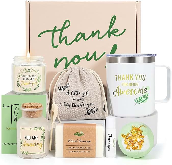 iAOVUEBY Thank You Gift Baskets for Women, Employee Appreciation Gifts, 8PCS Thank You Gift Box with Tumbler & Spa Set, Gift for Coworkers, Teacher, Boss, Secretary, Nurse, Front Desk - Product Image
